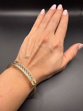 Gold and Silver Tone Honeycomb Accent Hinged Bangle Bracelet